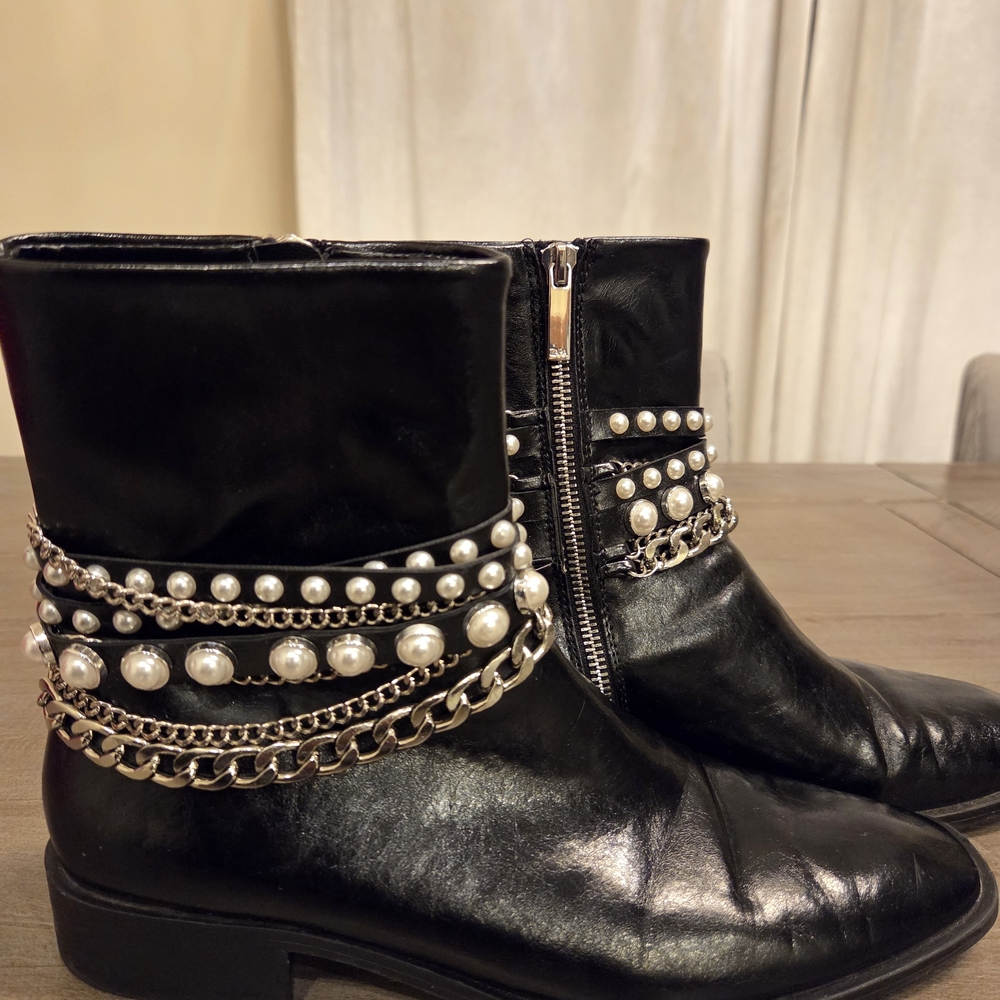 Zara Black Leather Ankle Boots with Pearl and Chain Detail